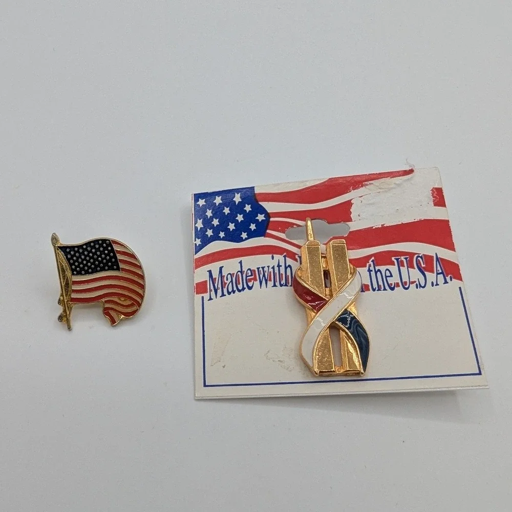 Patriotic American Flag & 9/11 Twin Towers Memorial Enamel Lapel Pin Set Gold